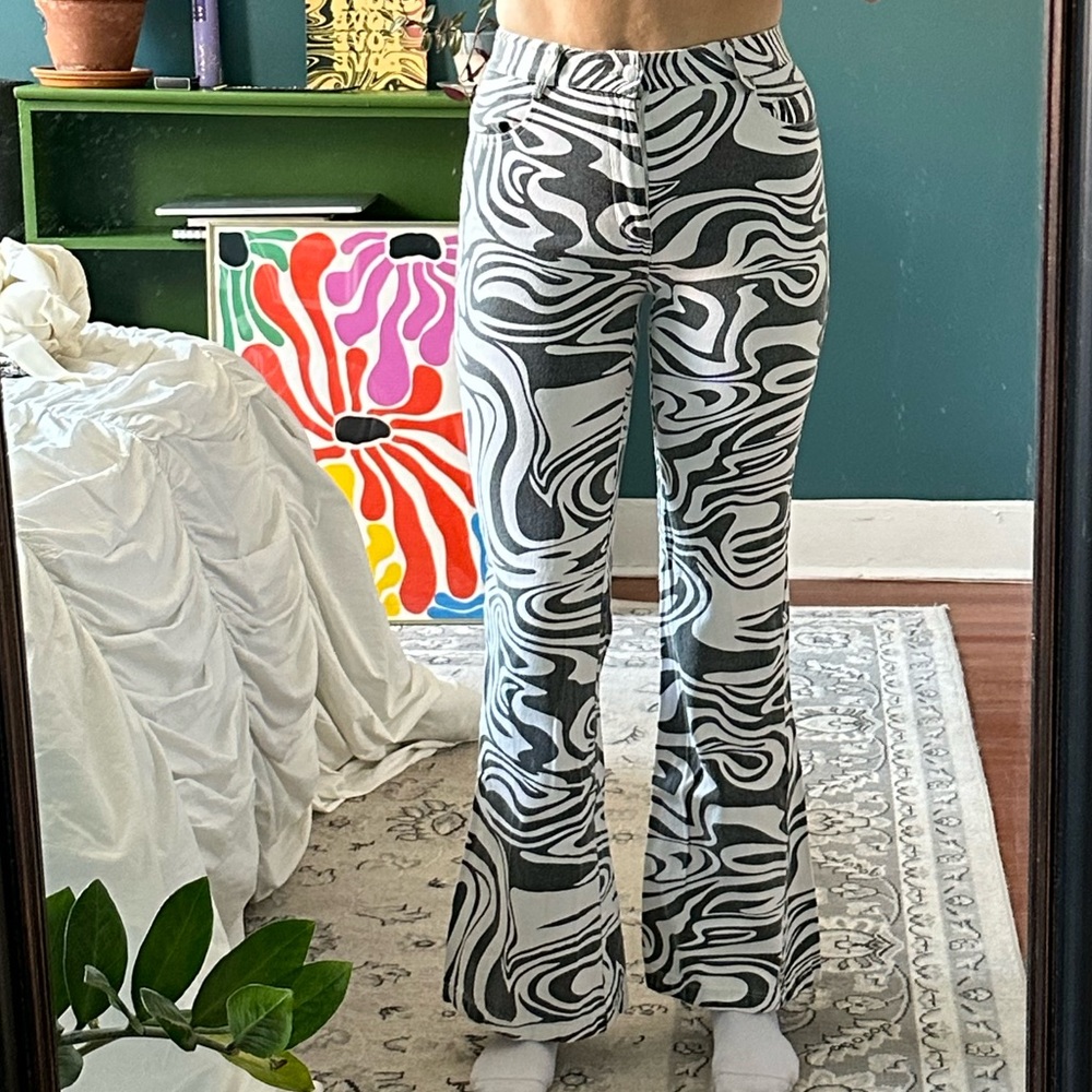 NASTY GAL Black and White Marble Funky Pattern Flare Jeans Pants